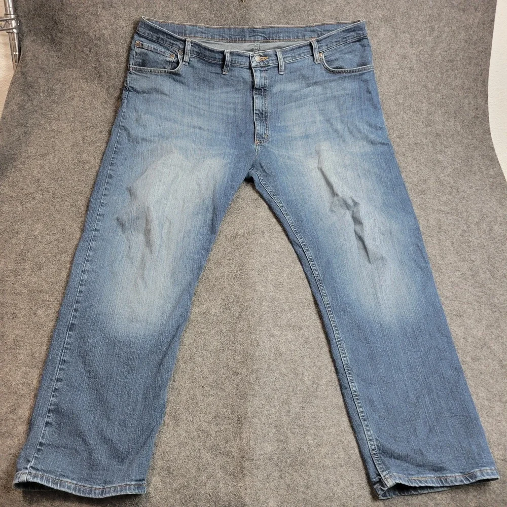 Wrangler Jeans Mens 44x30 Blue Denim Stretch Faded Grunge Straight Fit Americana